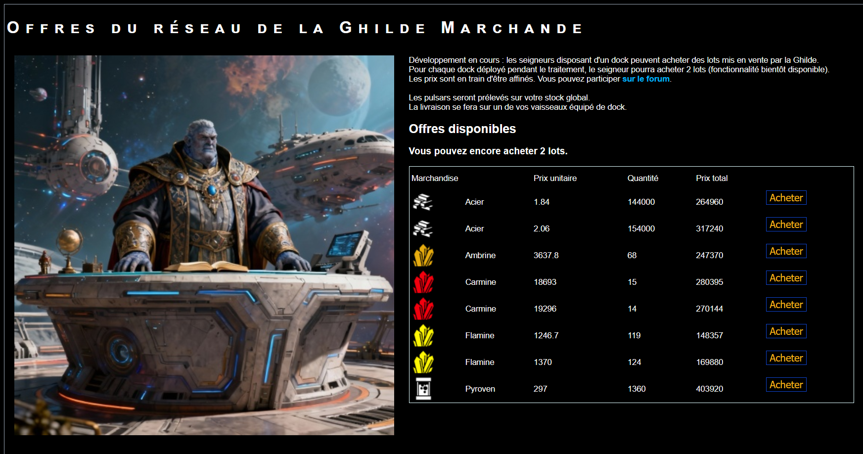 La Ghilde Marchande est l'acteur commercial central d'Empirium. Via vos docks, achetez et revendez des ressources pour financer votre expansion galactique. Maîtriser le commerce est une stratégie à part entière : un empire prospère économiquement peut rivaliser avec des puissances militaires bien plus imposantes.